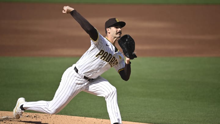 San Diego Padres starting pitcher Dylan Cease (84) pitches against the Atlanta Braves during the first inning at Petco Park on July 13.