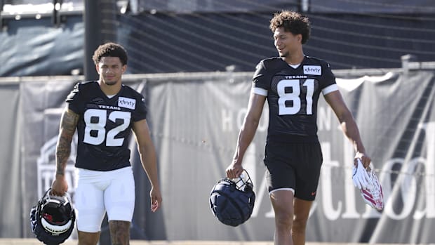Jul 23, 2025; Houston, TX, USA;  Houston Texans wide receiver Jaylin Noel (82) and wide receiver Jayden Higgins (81) during t