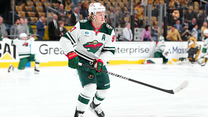 Apr 20, 2025; Las Vegas, Nevada, USA; Minnesota Wild left wing Kirill Kaprizov (97) warms up before game one of the first round of the 2025 Stanley Cup Playoffs against the Vegas Golden Knights at T-Mobile Arena. Mandatory Credit: Stephen R. Sylvanie-Imagn Images