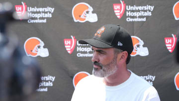 Aug 4, 2024; Cleveland Browns head coach Kevin Stefanski meets with the media before practice at the Browns training facility in Berea, Ohio. Mandatory Credit: Bob Donnan-USA TODAY Sports