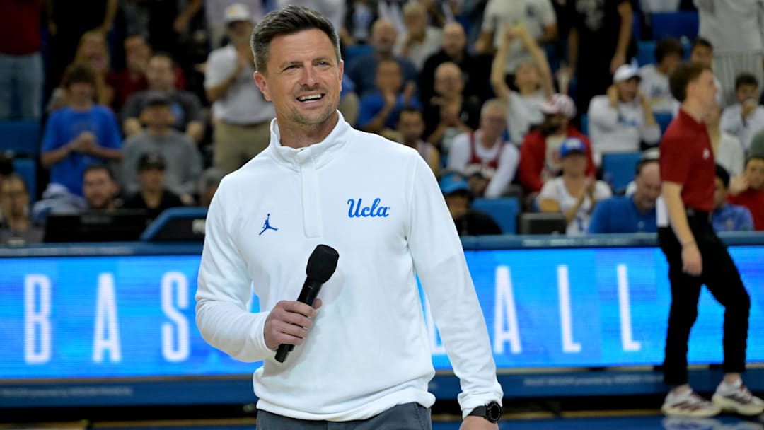 Jan 31, 2026; Los Angeles, California, USA; UCLA Bruins head football coach Bob Chesney is introduced during the basketball game against the Indiana Hoosiers at Pauley Pavilion presented by Wescom Financial. Mandatory Credit: Jayne Kamin-Oncea-Imagn Images
