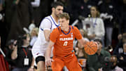Feb 22, 2025; Dallas, Texas, USA; SMU Mustangs center Samet Yigitoglu (24) and Clemson Tigers center Viktor Lakhin (0) in action during the game between the SMU Mustangs and the Clemson Tigers at Moody Coliseum. Mandatory Credit: Jerome Miron-Imagn Images