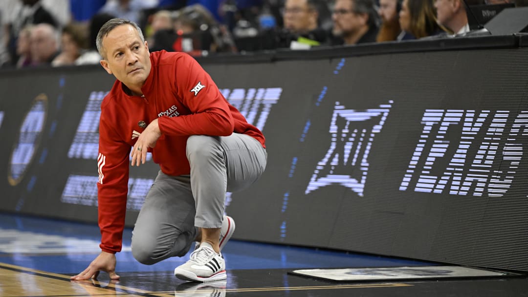 Mar 29, 2025; San Francisco, CA, USA; Texas Tech Red Raiders head coach Grant McCasland kneels on the court during the second half against the Florida Gators during the West Regional final of the 2025 NCAA tournament at Chase Center. Mandatory Credit: Eakin Howard-Imagn Images
