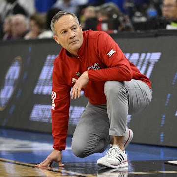 Mar 29, 2025; San Francisco, CA, USA; Texas Tech Red Raiders head coach Grant McCasland kneels on the court during the second half against the Florida Gators during the West Regional final of the 2025 NCAA tournament at Chase Center. Mandatory Credit: Eakin Howard-Imagn Images