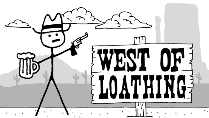 A stickman cowboy holds a beer and a revolver next to the West of Loathing logo