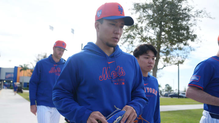 Feb 14, 2024; Port St. Lucie, FL, USA; New York Mets starting pitcher Kodai Senga (34) walks out to the practice fields during workouts at spring training. Mandatory Credit: Jim Rassol-USA TODAY Sports