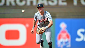 Detroit Tigers shortstop Trey Sweeney fields a ball in Game 5 of the American League Division Series against the Cleveland Guardians.