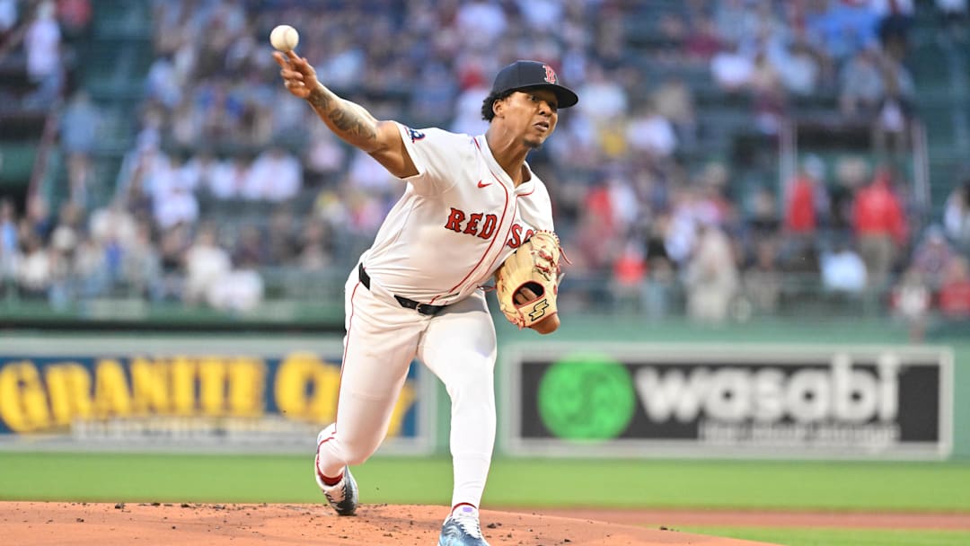 May 2, 2025; Boston, Massachusetts, USA; Boston Red Sox starting pitcher Brayan Bello (66) pitches against the Minnesota Twins  during the first inning at Fenway Park. Mandatory Credit: Eric Canha-Imagn Images
