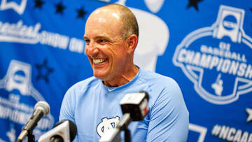 Jun 8, 2025; Chapel Hill, NC, USA;  North Carolina head coach Scott Forbes during an interview with the media after a Super Regionals game against North Carolina in Chapel Hill, North Carolina. Scott Forbes also celebrates his 200th win. Mandatory Credit: Jaylynn Nash-Imagn Images