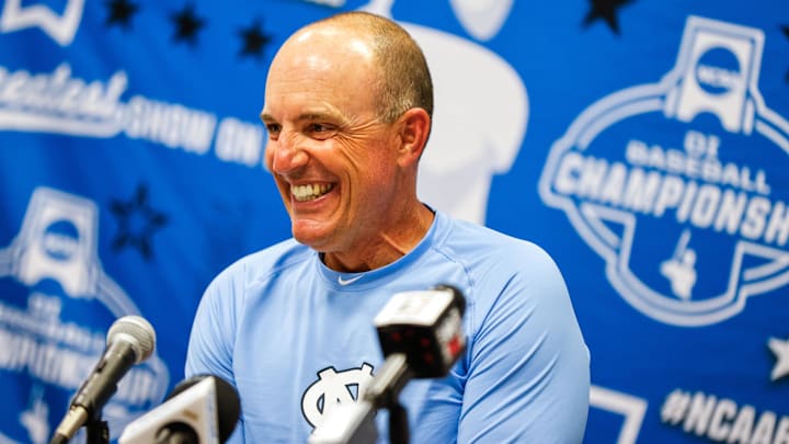 Jun 8, 2025; Chapel Hill, NC, USA;  North Carolina head coach Scott Forbes during an interview with the media after a Super Regionals game against North Carolina in Chapel Hill, North Carolina. Scott Forbes also celebrates his 200th win. Mandatory Credit: Jaylynn Nash-Imagn Images