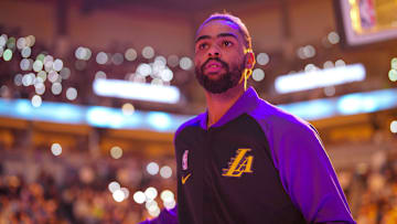 Dec 2, 2024; Minneapolis, Minnesota, USA; Los Angeles Lakers guard D'Angelo Russell (1) before the game against the Minnesota Timberwolves in at Target Center. Mandatory Credit: Brad Rempel-Imagn Images