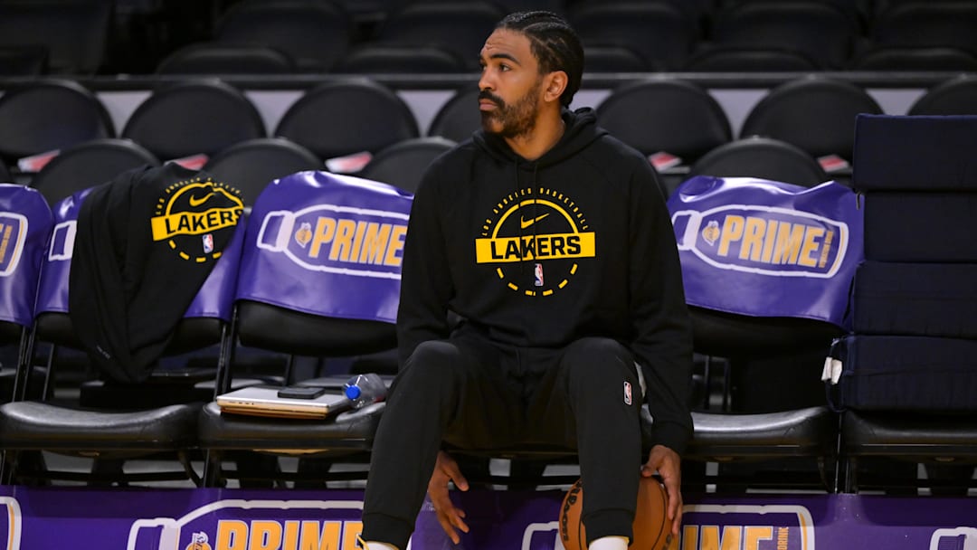 Oct 12, 2025; Los Angeles, California, USA;  Los Angeles Lakers guard Gabe Vincent (7) warms up prior to the game against the Golden State Warriors at Crypto.com Arena. Mandatory Credit: Jayne Kamin-Oncea-Imagn Images