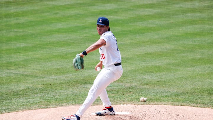 Jun 7, 2025; Chapel Hill, NC, USA;  Arizona pitcher Raul Garayzar (10) pitches the ball during the first inning of the Super Regionals game against North Carolina in Chapel Hill, North Carolina. Mandatory Credit: Jaylynn Nash-Imagn Images