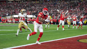 Feb 11, 2024; Paradise, Nevada, USA; Kansas City Chiefs wide receiver Mecole Hardman Jr. (12) scores
