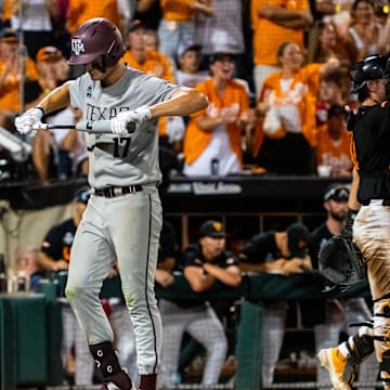 Jun 24, 2024; Omaha, NE, USA; Texas A&M Aggies right fielder Jace Laviolette (17) reacts after striking out against the Tennessee Volunteers during the ninth inning at Charles Schwab Field Omaha. Mandatory Credit: Dylan Widger-Imagn Images