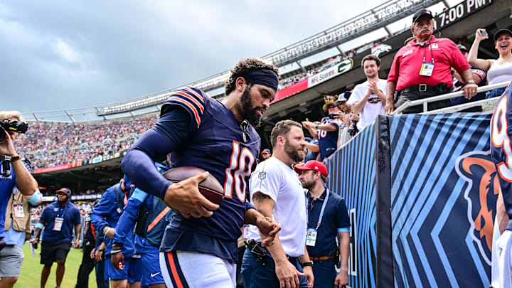 Caleb Williams walks off after several big plays in a win during preseason over the Cincinnati Bengals.