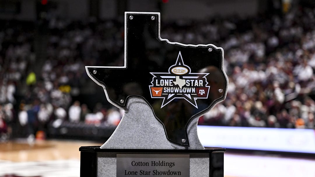 Jan 4, 2025; College Station, Texas, USA; A detailed view of the Lone Star Showdown trophy prior to the game between the Texas A&M Aggies and the Texas Longhorns at Reed Arena. Mandatory Credit: Maria Lysaker-Imagn Images 