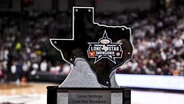 Jan 4, 2025; College Station, Texas, USA; A detailed view of the Lone Star Showdown trophy prior to the game between the Texas A&M Aggies and the Texas Longhorns at Reed Arena. Mandatory Credit: Maria Lysaker-Imagn Images 