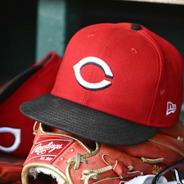 Jul 23, 2025; Washington, District of Columbia, USA; General view of Cincinnati Reds hat during the game against the Washington Nationals at Nationals Park. Mandatory Credit: Brad Mills-Imagn Images