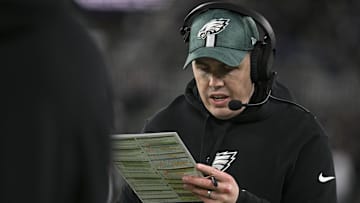Philadelphia Eagles offensive coordinator Kellen Moore on the sidelines against the Baltimore Ravens