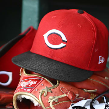 Jul 23, 2025; Washington, District of Columbia, USA; General view of Cincinnati Reds hat during the game against the Washington Nationals at Nationals Park. Mandatory Credit: Brad Mills-Imagn Images