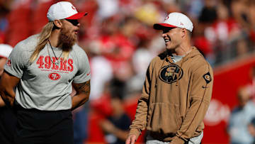 San Francisco 49ers tight end George Kittle and running back Christian McCaffrey before a game vs. the Los Angeles Chargers