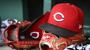 Jul 23, 2025; Washington, District of Columbia, USA; General view of Cincinnati Reds hat during the game against the Washington Nationals at Nationals Park. Mandatory Credit: Brad Mills-Imagn Images