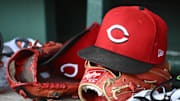 Jul 23, 2025; Washington, District of Columbia, USA; General view of Cincinnati Reds hat during the game against the Washington Nationals at Nationals Park. Mandatory Credit: Brad Mills-Imagn Images