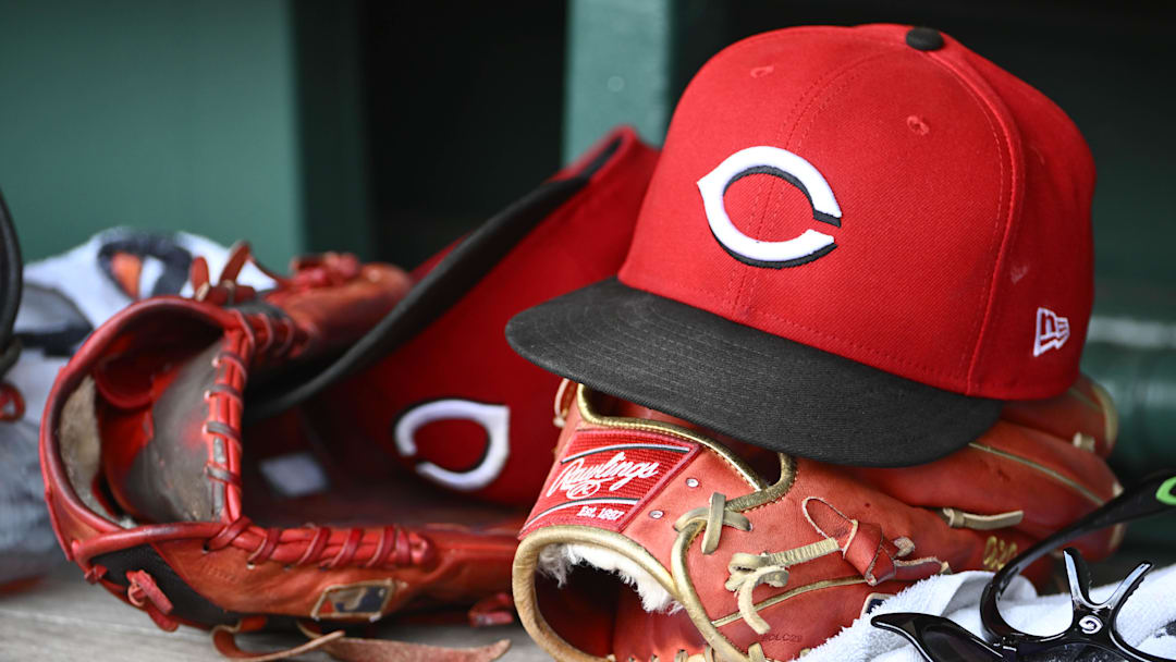 Jul 23, 2025; Washington, District of Columbia, USA; General view of Cincinnati Reds hat during the game against the Washington Nationals at Nationals Park. Mandatory Credit: Brad Mills-Imagn Images