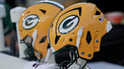 Helmets are shown during the fourth quarter of their preseason game Saturday, August 23, 2025 at Lambeau Field in Green Bay, Wisconsin. The Green Bay Packers beat the Seattle Seahawks 20-7.