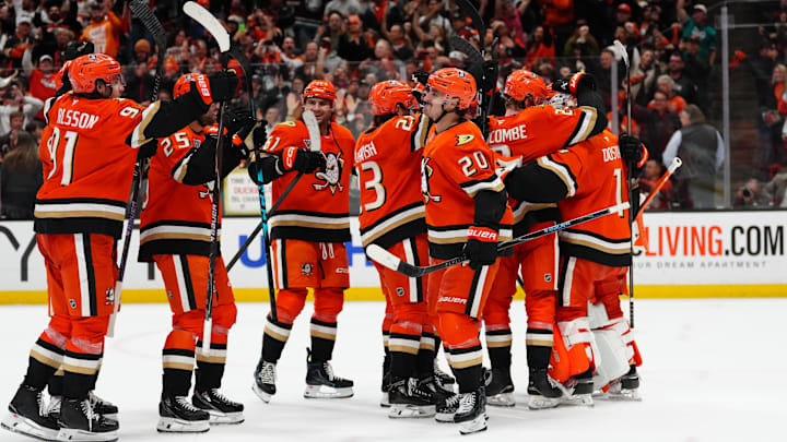 Apr 30, 2026; Anaheim, California, USA; Anaheim Ducks players celebrate after game six of the first round of the 2026 Stanley Cup Playoffs against the Edmonton Oilers at Honda Center. Mandatory Credit: Kirby Lee-Imagn Images