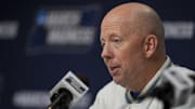 Mar 19, 2025; Lexington, KY, USA;  UCLA head coach Mick Cronin speaks with media during NCAA Tournament First Round Practice at Rupp Arena. Mandatory Credit: Aaron Doster-Imagn Images