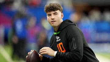 Mar 1, 2025; Indianapolis, IN, USA; Florida quarterback Graham Mertz (QB10) during the 2025 NFL Combine at Lucas Oil Stadium. Mandatory Credit: Kirby Lee-Imagn Images