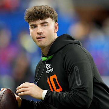 Mar 1, 2025; Indianapolis, IN, USA; Florida quarterback Graham Mertz (QB10) during the 2025 NFL Combine at Lucas Oil Stadium. Mandatory Credit: Kirby Lee-Imagn Images