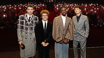 BERLIN, GERMANY - NOVEMBER 18: Finn Wolfhard, Gaten Matarazzo, Caleb McLaughlin and Noah Schnapp attend the "Stranger Things" Season 5 Event at Hangar 7 - Flughafen Tempelhof on November 18, 2025 in Berlin, Germany