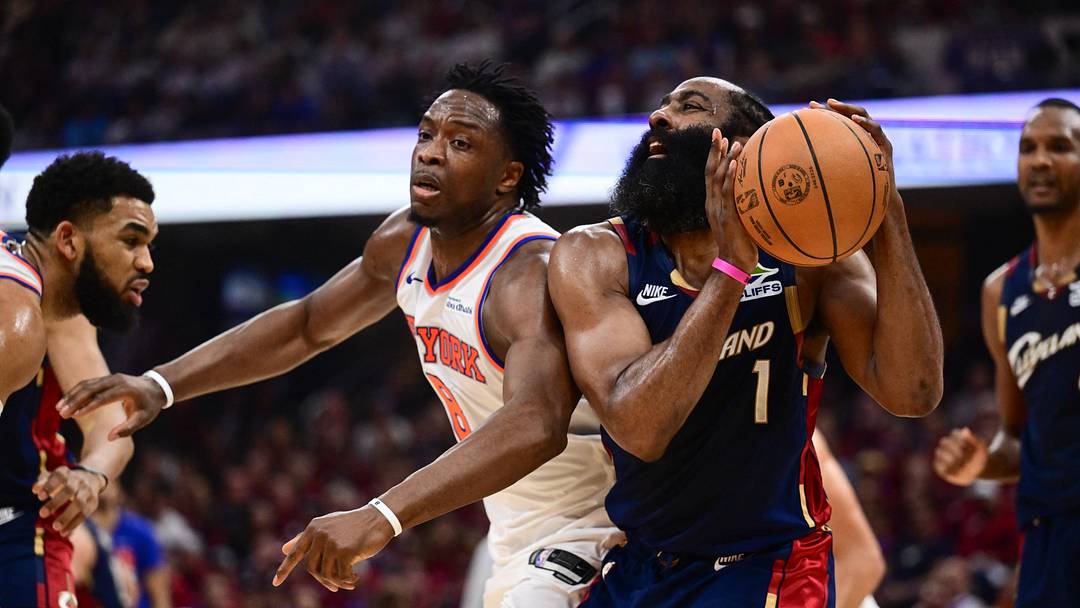 May 25, 2026; Cleveland, Ohio, USA;  Cleveland Cavaliers guard James Harden (1) looks to shoot while defended by New York Knicks forward OG Anunoby (8) in the second quarter during game four of the eastern conference finals for the 2026 NBA playoffs at Rocket Arena. Mandatory Credit: Ken Blaze-Imagn Images