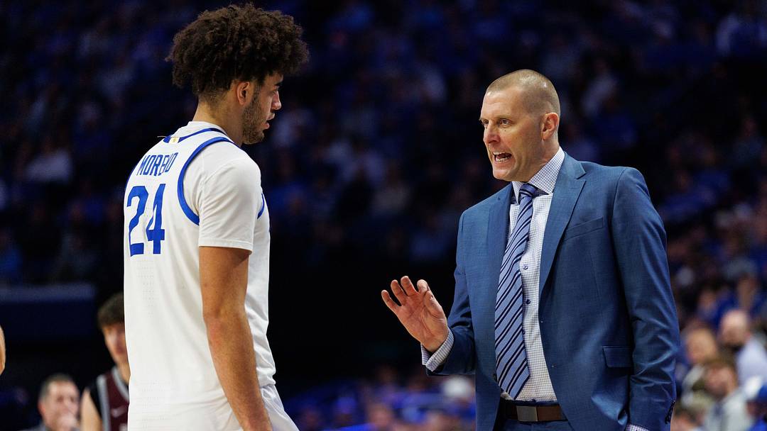 Dec 23, 2025; Lexington, Kentucky, USA; Kentucky Wildcats head coach Mark Pope talks with center Malachi Moreno (24) during the second half against the Bellarmine Knights at Rupp Arena at Central Bank Center. Mandatory Credit: Jordan Prather-Imagn Images Dec 23, 2025; Lexington, Kentucky, USA; Kentucky Wildcats head coach Mark Pope talks with center Malachi Moreno (24) during the second half against the Bellarmine Knights at Rupp Arena at Central Bank Center. Mandatory Credit: Jordan Prather-Imagn Images