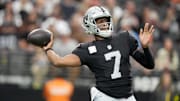Nov 23, 2025; Paradise, Nevada, USA; Las Vegas Raiders quarterback Geno Smith (7) throws a pass against the Cleveland Browns in the first half at Allegiant Stadium. Mandatory Credit: Kirby Lee-Imagn Images