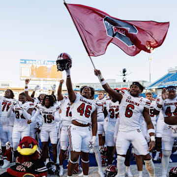 Sep 7, 2024; Lexington, Kentucky, USA; The South Carolina Gamecocks celebrate after the game against the Kentucky Wildcats at Kroger Field. Mandatory Credit: Jordan Prather-Imagn Images