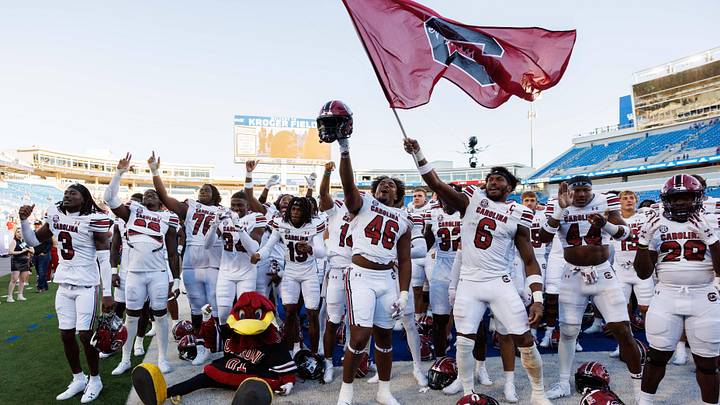 Sep 7, 2024; Lexington, Kentucky, USA; The South Carolina Gamecocks celebrate after the game against the Kentucky Wildcats at Kroger Field. Mandatory Credit: Jordan Prather-Imagn Images