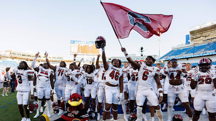 Sep 7, 2024; Lexington, Kentucky, USA; The South Carolina Gamecocks celebrate after the game against the Kentucky Wildcats at Kroger Field. Mandatory Credit: Jordan Prather-Imagn Images