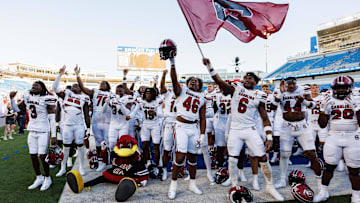 Sep 7, 2024; Lexington, Kentucky, USA; The South Carolina Gamecocks celebrate after the game against the Kentucky Wildcats at Kroger Field. Mandatory Credit: Jordan Prather-Imagn Images