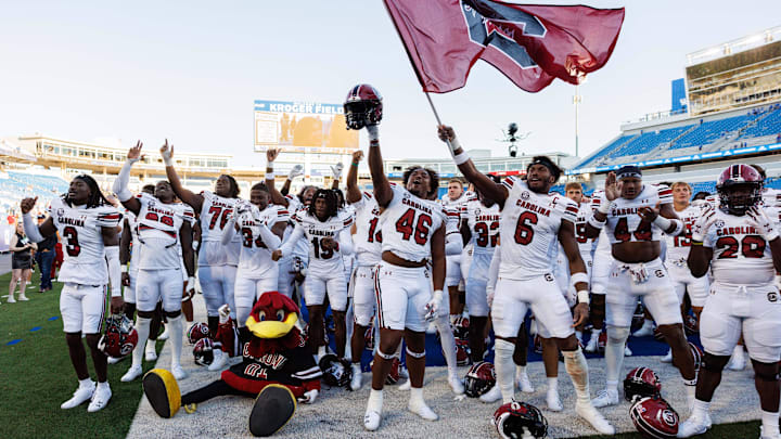 Sep 7, 2024; Lexington, Kentucky, USA; The South Carolina Gamecocks celebrate after the game against the Kentucky Wildcats at Kroger Field. Mandatory Credit: Jordan Prather-Imagn Images