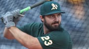 Sep 19, 2025; Pittsburgh, Pennsylvania, USA;  Athletics catcher Shea Langeliers (23) in the batting cage before the game against the Pittsburgh Pirates at PNC Park. Mandatory Credit: Charles LeClaire-Imagn Images
