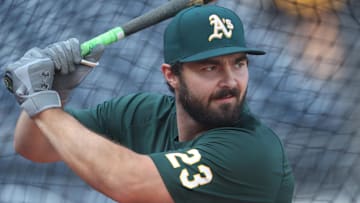 Sep 19, 2025; Pittsburgh, Pennsylvania, USA;  Athletics catcher Shea Langeliers (23) in the batting cage before the game against the Pittsburgh Pirates at PNC Park. Mandatory Credit: Charles LeClaire-Imagn Images