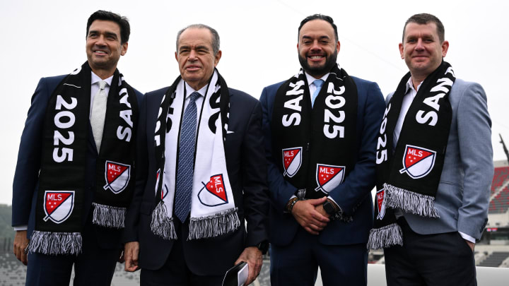 San Diego FC co-owners Mohamed Mansour and Sycuan Band of the Kumeyaay Nations chairman Cody Martinez, middle