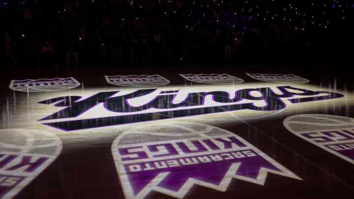 Oct 27, 2023; Sacramento, California, USA; A general of the Sacramento Kings logo on the court before the game against the Golden State Warriors at Golden 1 Center. Mandatory Credit: Sergio Estrada-USA TODAY Sports