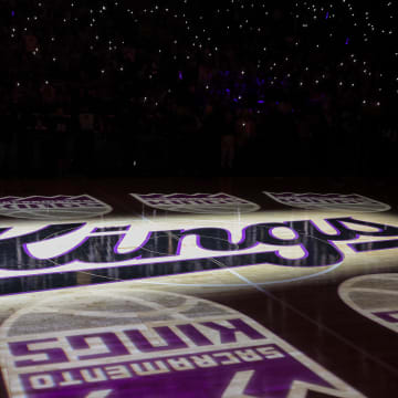 Oct 27, 2023; Sacramento, California, USA; A general of the Sacramento Kings logo on the court before the game against the Golden State Warriors at Golden 1 Center. Mandatory Credit: Sergio Estrada-USA TODAY Sports