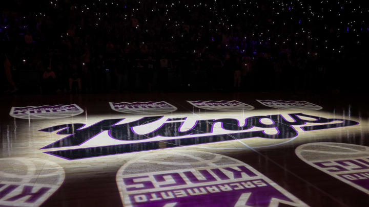 Oct 27, 2023; Sacramento, California, USA; A general of the Sacramento Kings logo on the court before the game against the Golden State Warriors at Golden 1 Center. Mandatory Credit: Sergio Estrada-USA TODAY Sports