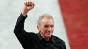 Feb 11, 2024; Paradise, Nevada, USA; San Francisco 49ers former quarterback Joe Montana cheers in the first quarter in Super Bowl LVIII against the Kansas City Chiefs at Allegiant Stadium.